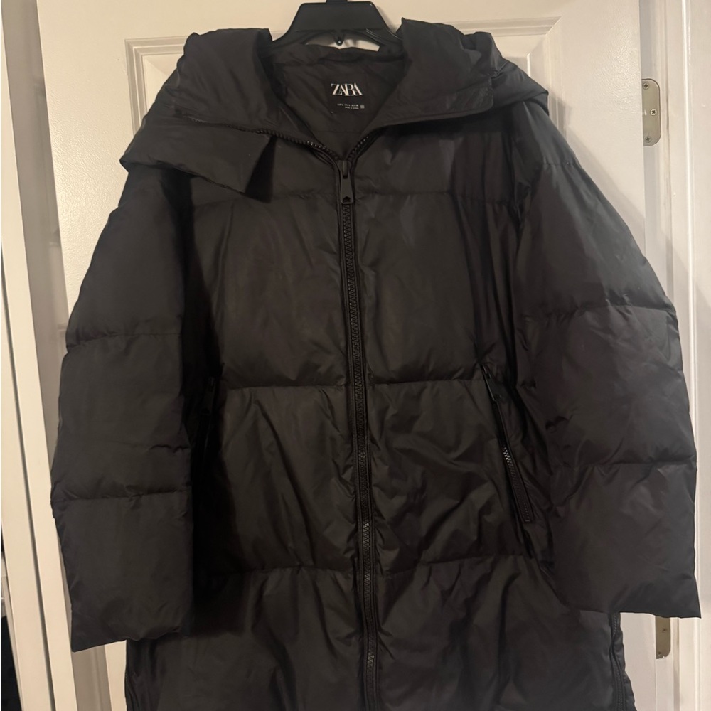 ZARA Black Hooded Quilted Puffer Coat